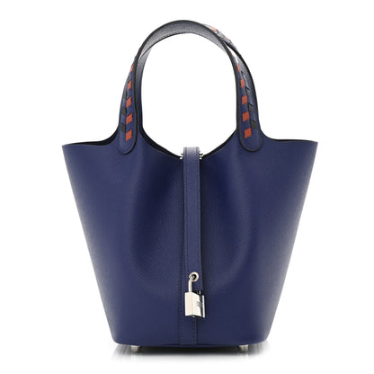 Hermes Epsom Tressage De Cuir Picotin Lock 18 PM Bleu Encre Brique Black 1 of 10