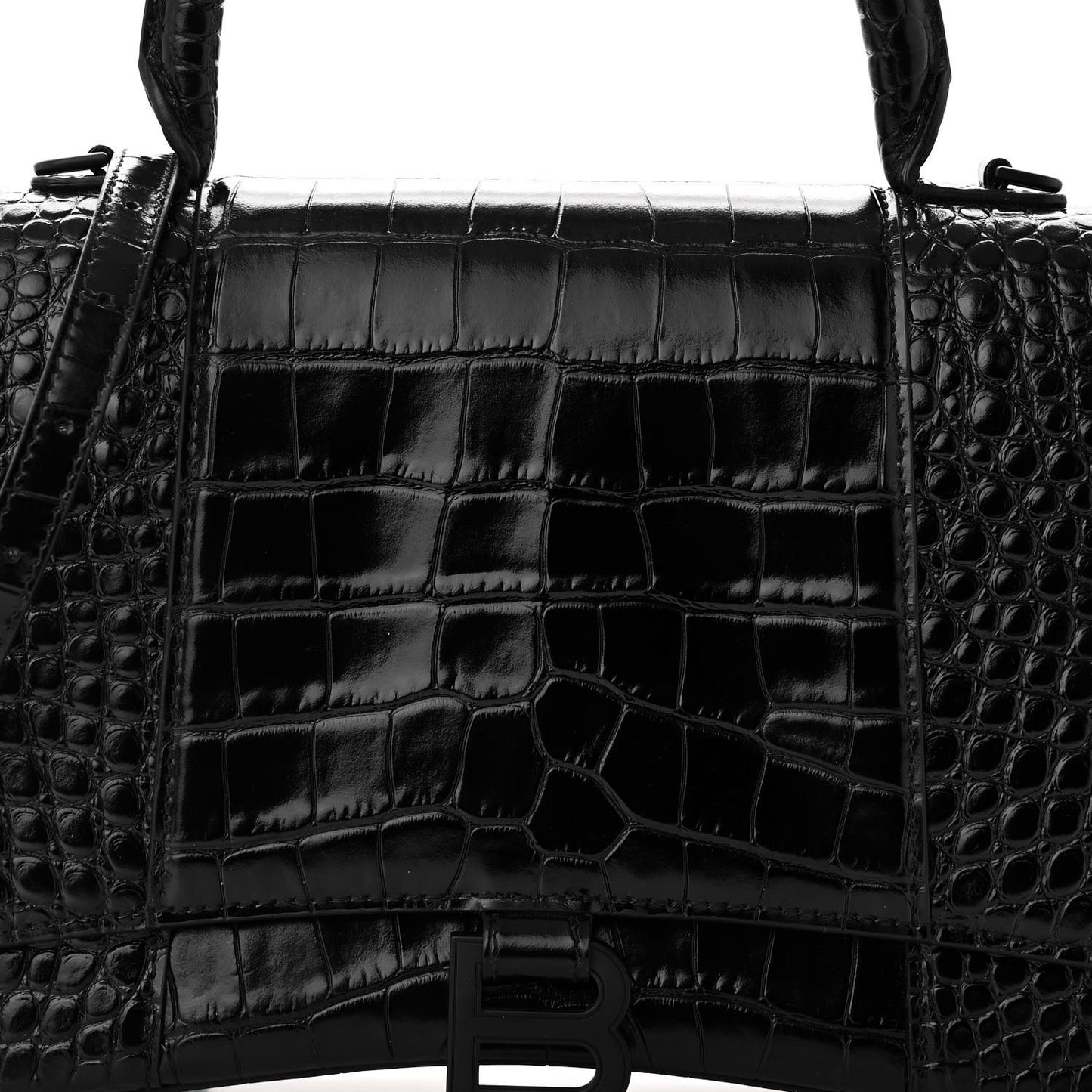 Shiny Calfskin Monochrome Crocodile Embossed Medium Hourglass Top Handle Bag Black