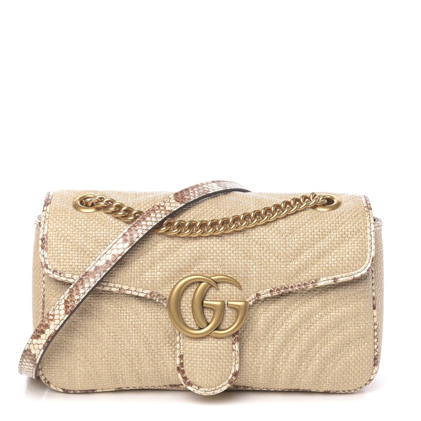 Raffia Elaphe Matelasse Small GG Marmont Shoulder Bag Natural Cream Brown