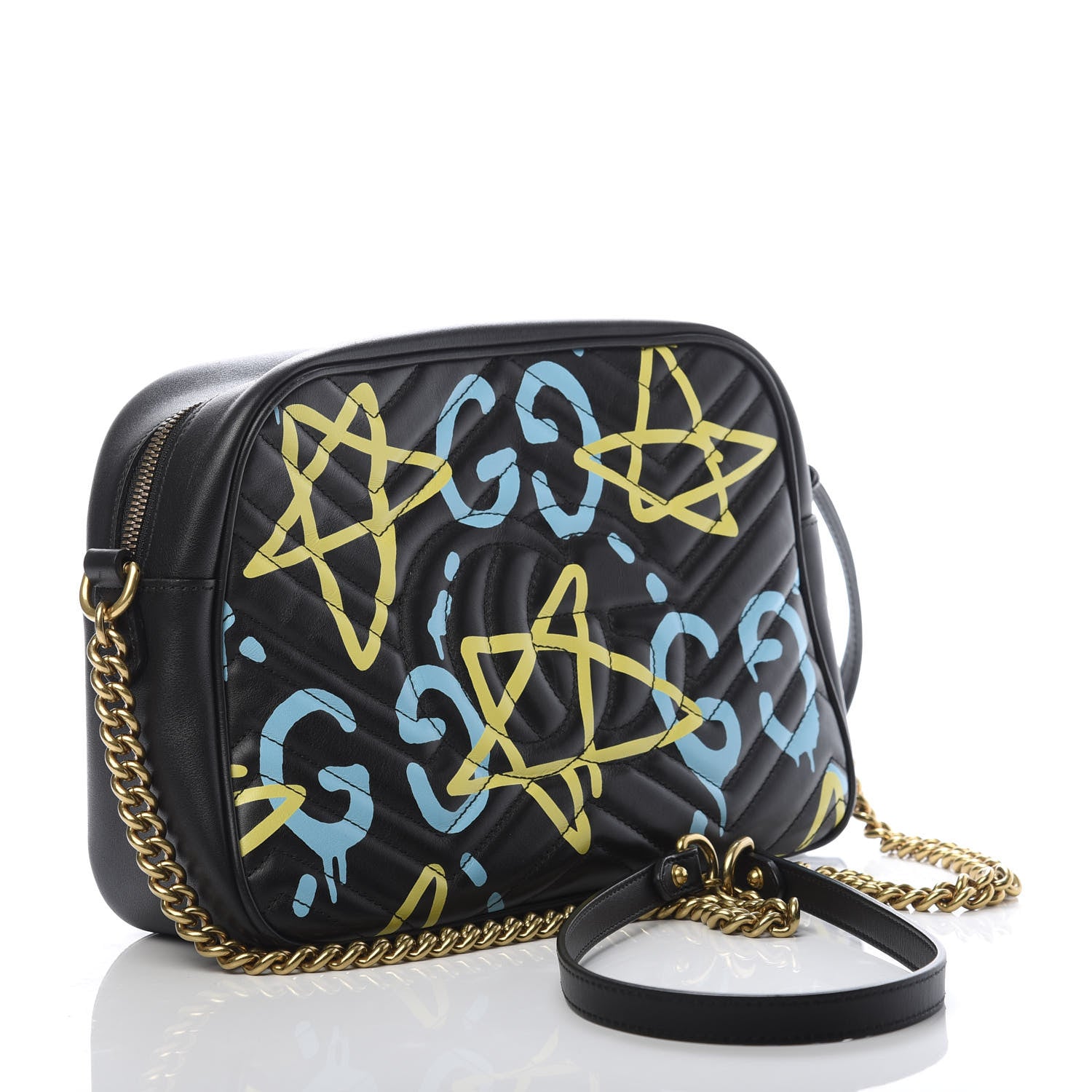 Gucci Calfskin Matelasse GucciGhost Medium GG Marmont Chain Shoulder Bag Black New Acquamarine 1 of 13