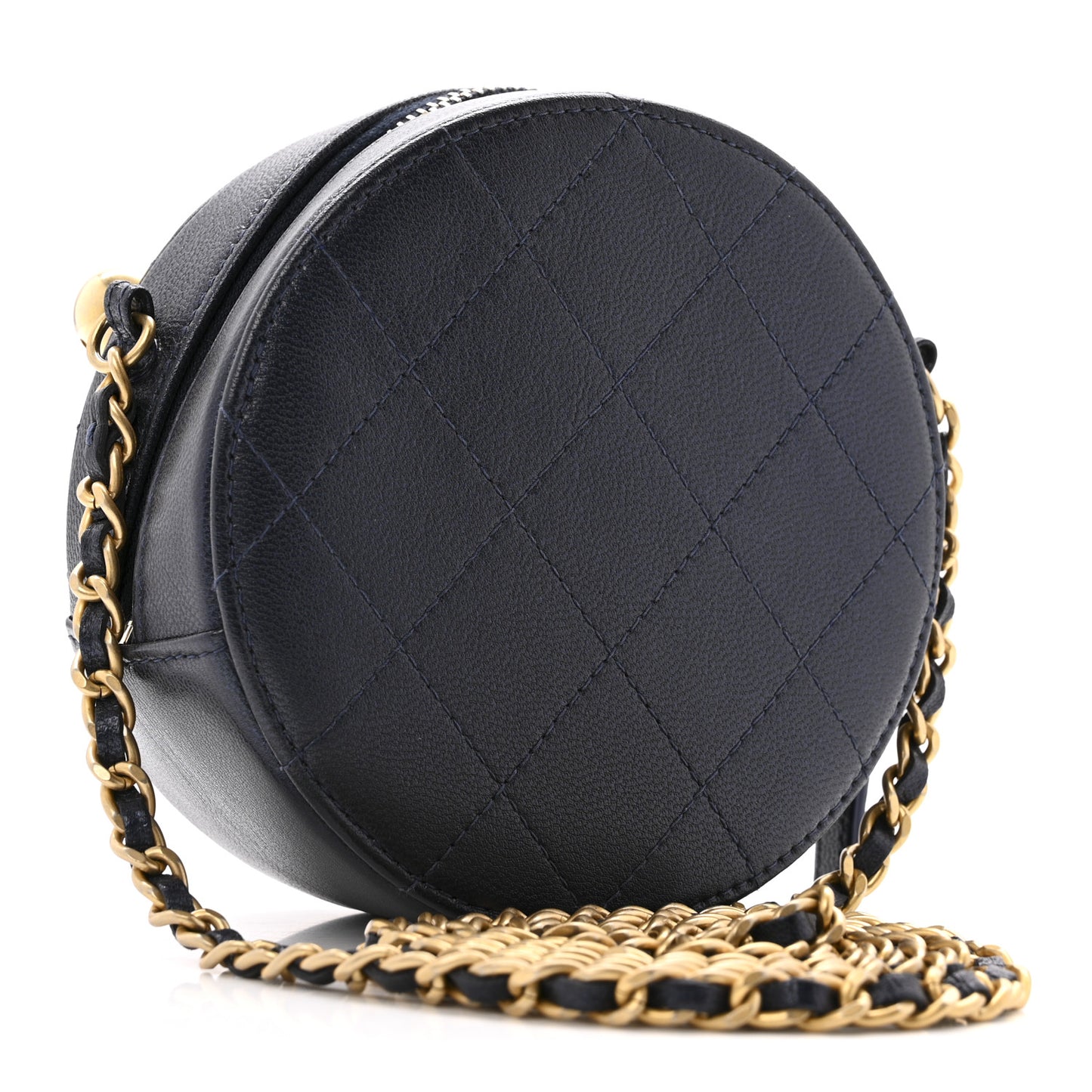 Goatskin Quilted Chic Pearls Chain Round Clutch With Chain  Navy