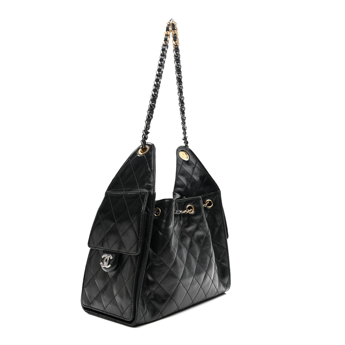 Shiny Crumpled Calfskin Quilted Small Chanel 25 Handbag Black
