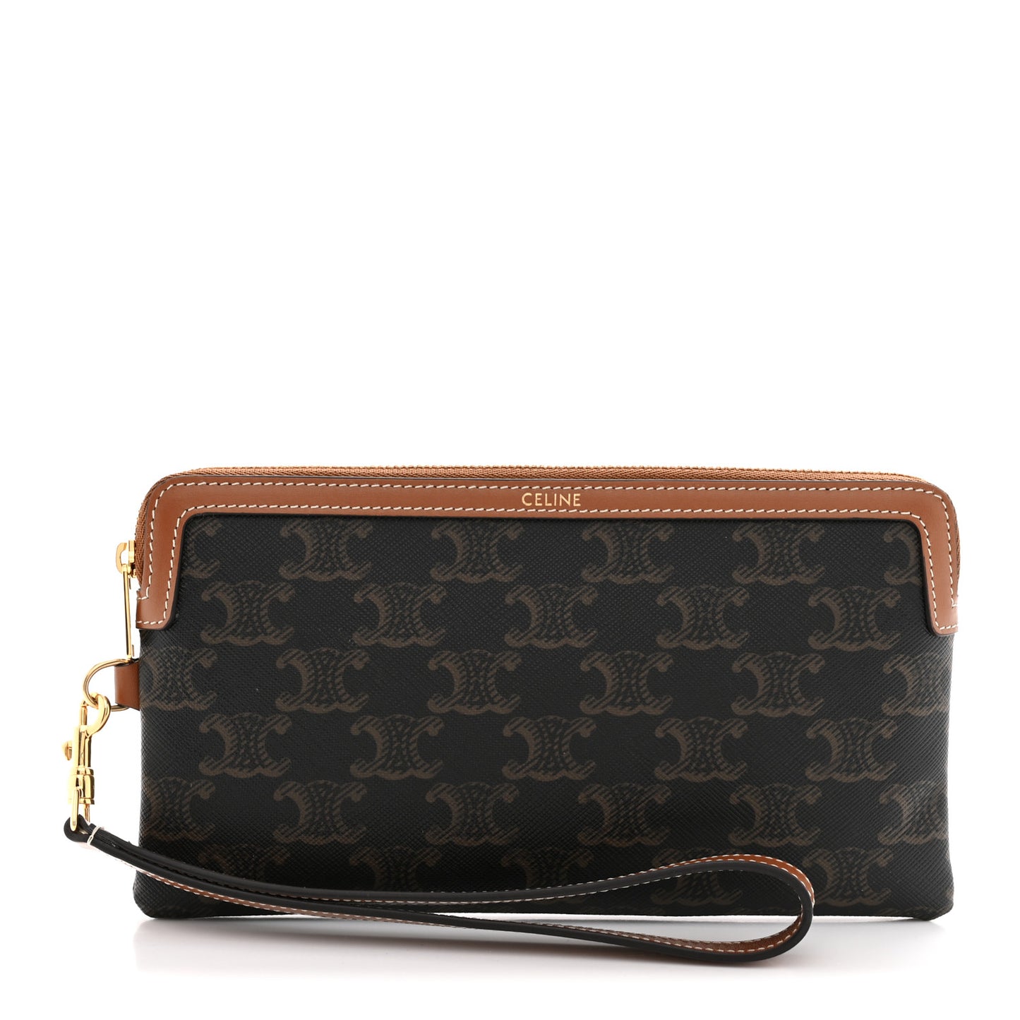Triomphe Calfskin Long Pouch With Strap Tan