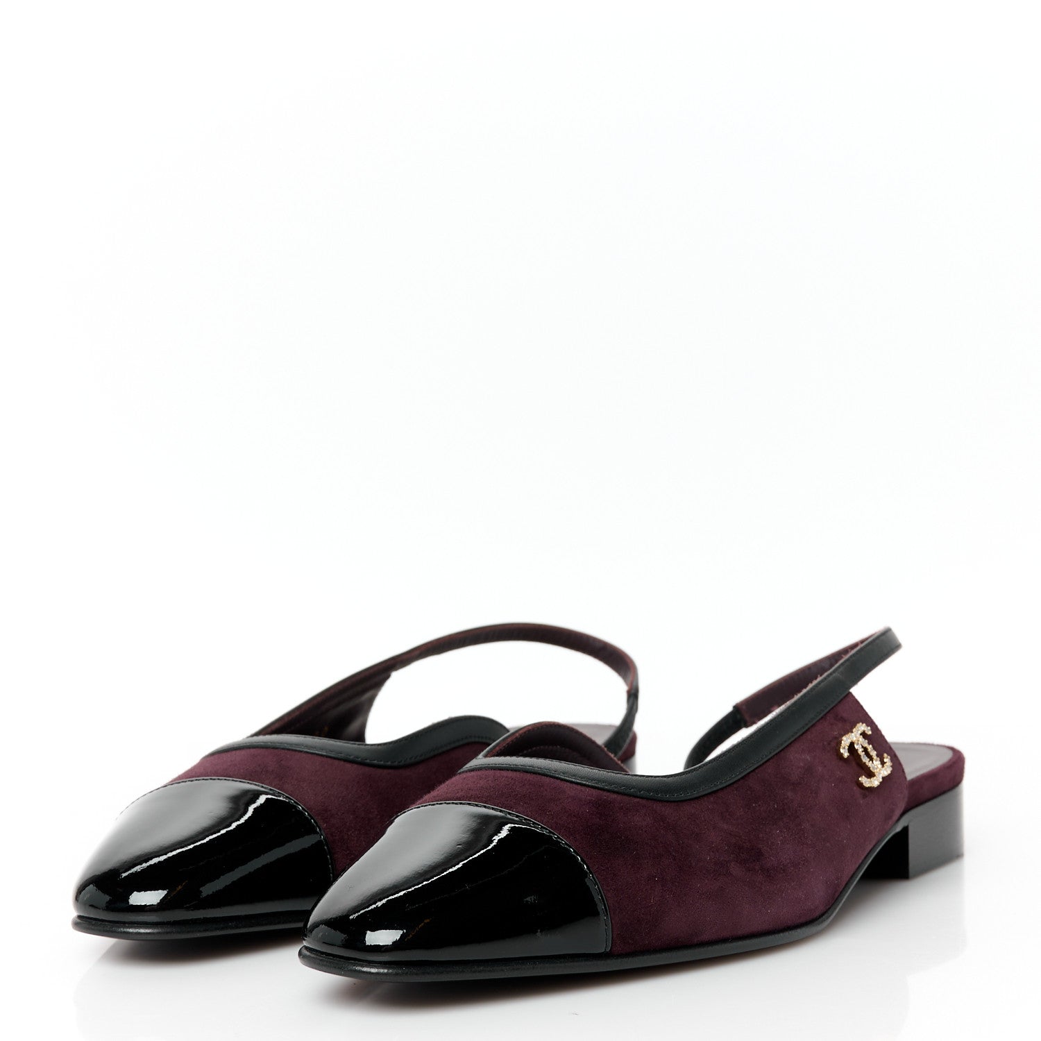 Chanel Suede Patent Crystal CC Cap Toe Slingback Flats 37.5 Burgundy Black 4 of 11