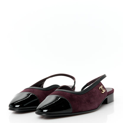 Chanel Suede Patent Crystal CC Cap Toe Slingback Flats 37.5 Burgundy Black 4 of 11