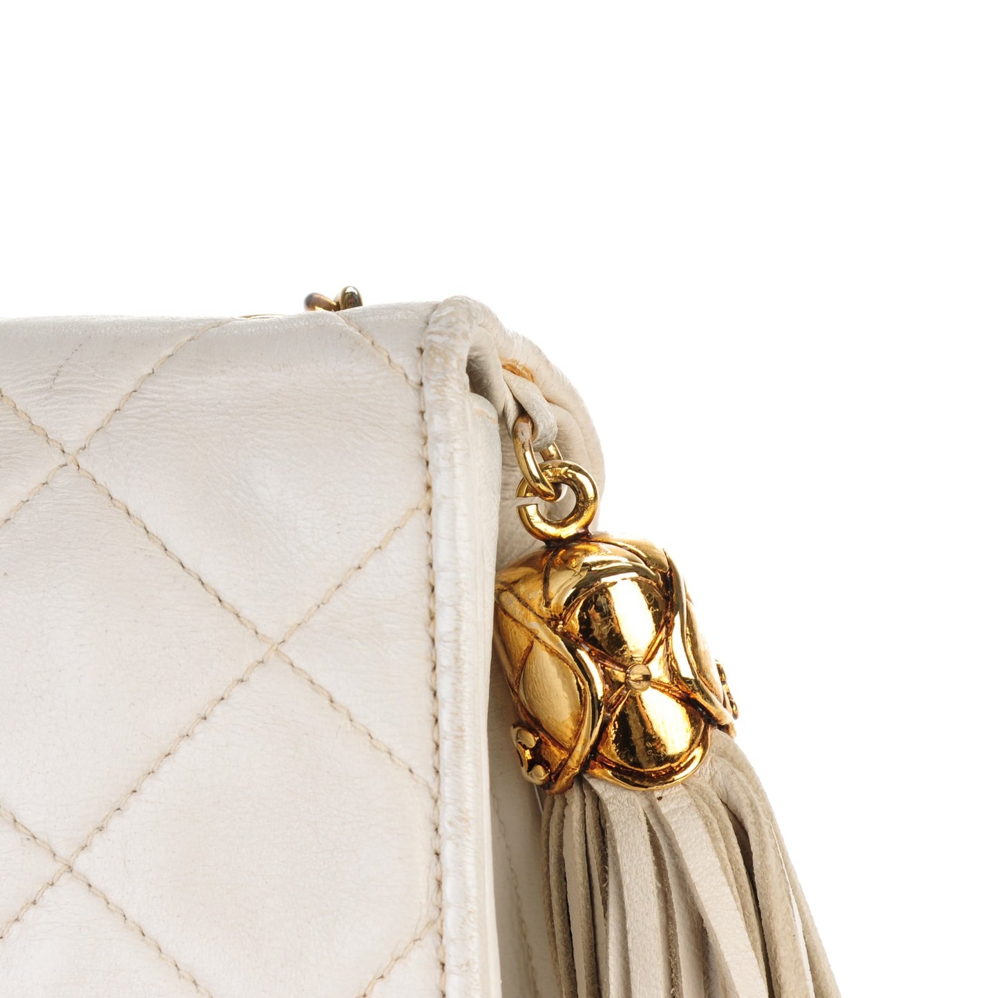Lambskin Quilted Small Tassel Single Flap White