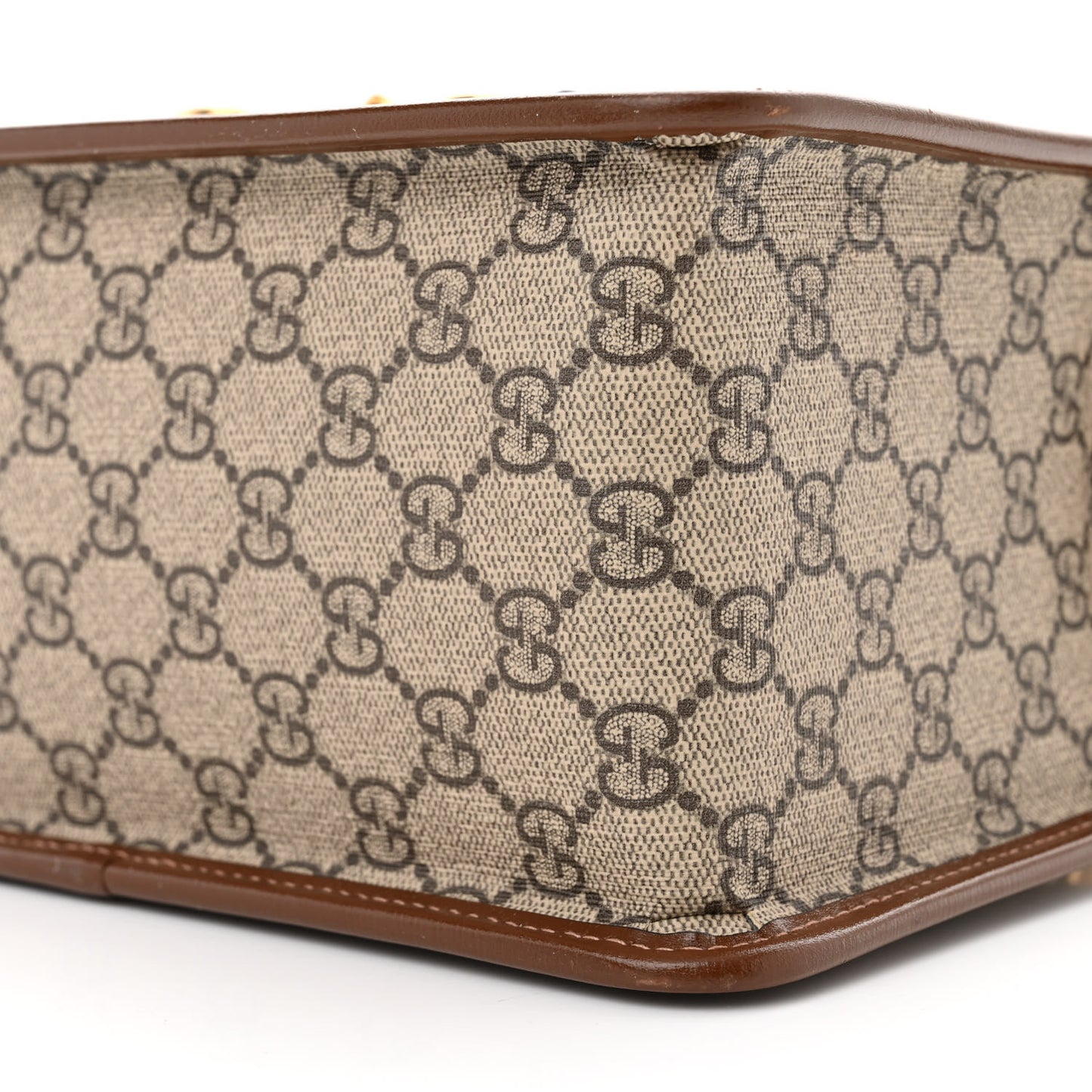 GG Supreme Monogram Azalea Calfskin Mini Horsebit 1955 Foldover Top Handle Bag Beige Ebony Brown Sugar