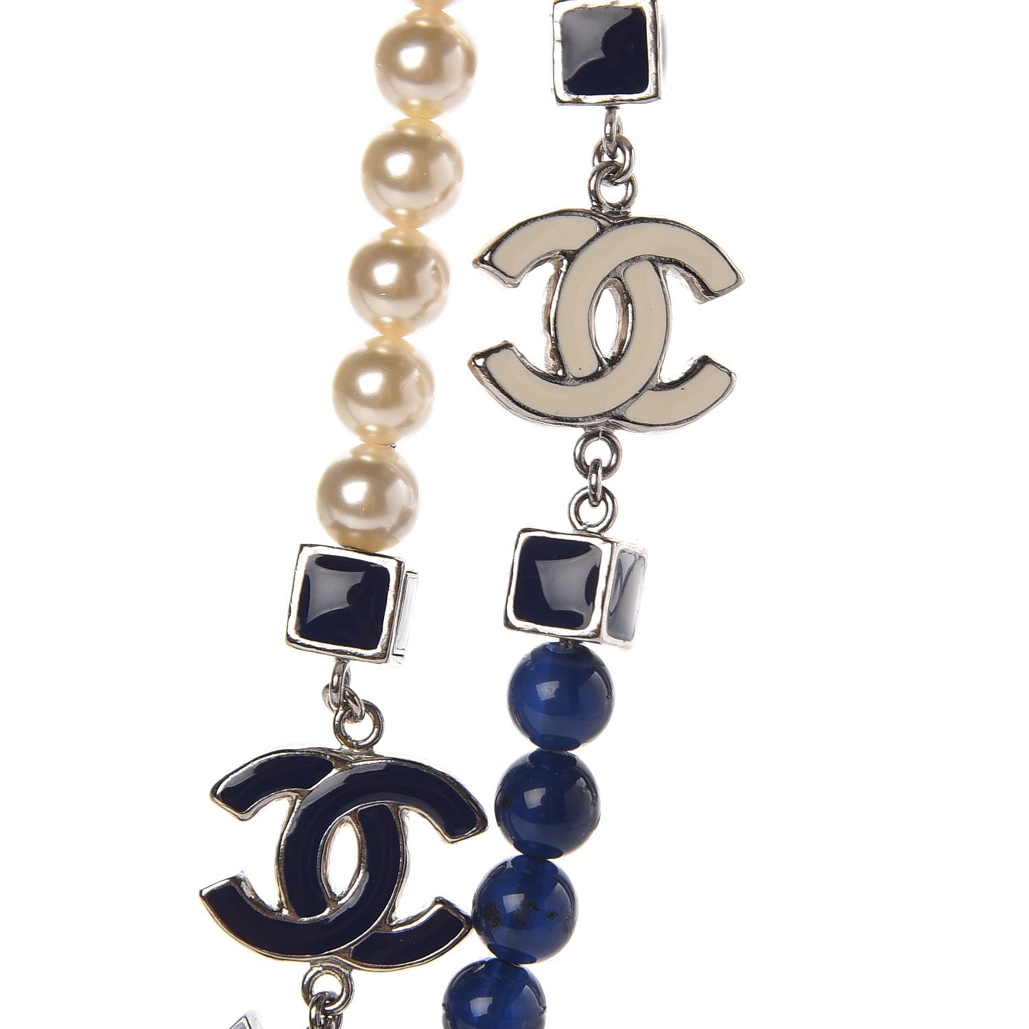 Chanel Pearl Bead Enamel CC Long Necklace Pearly White Blue 4 of 6