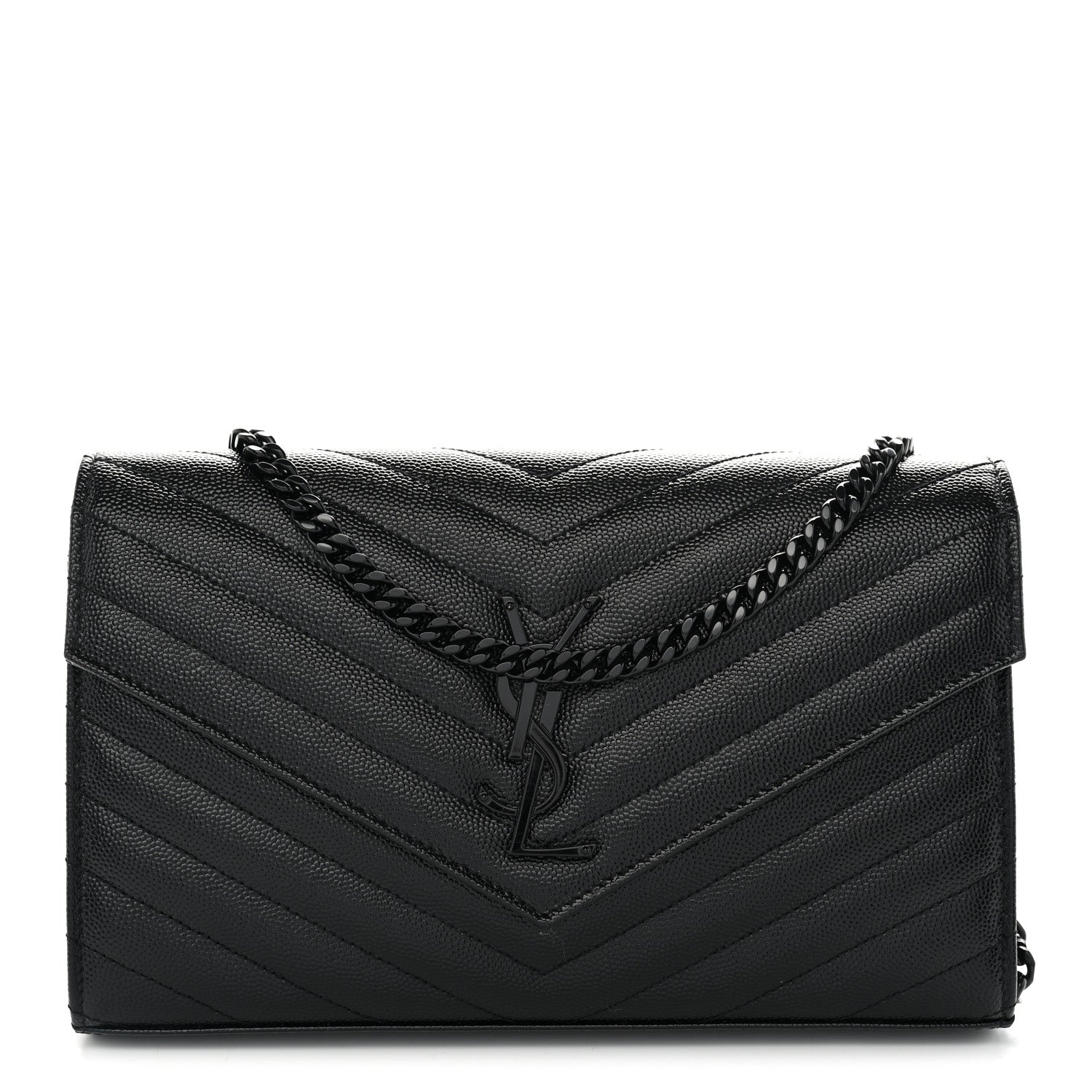 Saint Laurent Grain De Poudre Matelasse Chevron Monogram Monochrome Envelope Chain Wallet Black 1 of 11