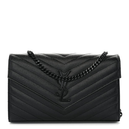 Saint Laurent Grain De Poudre Matelasse Chevron Monogram Monochrome Envelope Chain Wallet Black 1 of 11