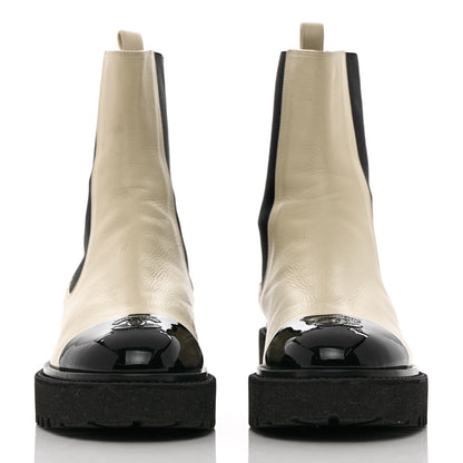 Chanel Patent Calfskin Cap Toe CC Ankle Boots 41 Beige Black 2 of 14
