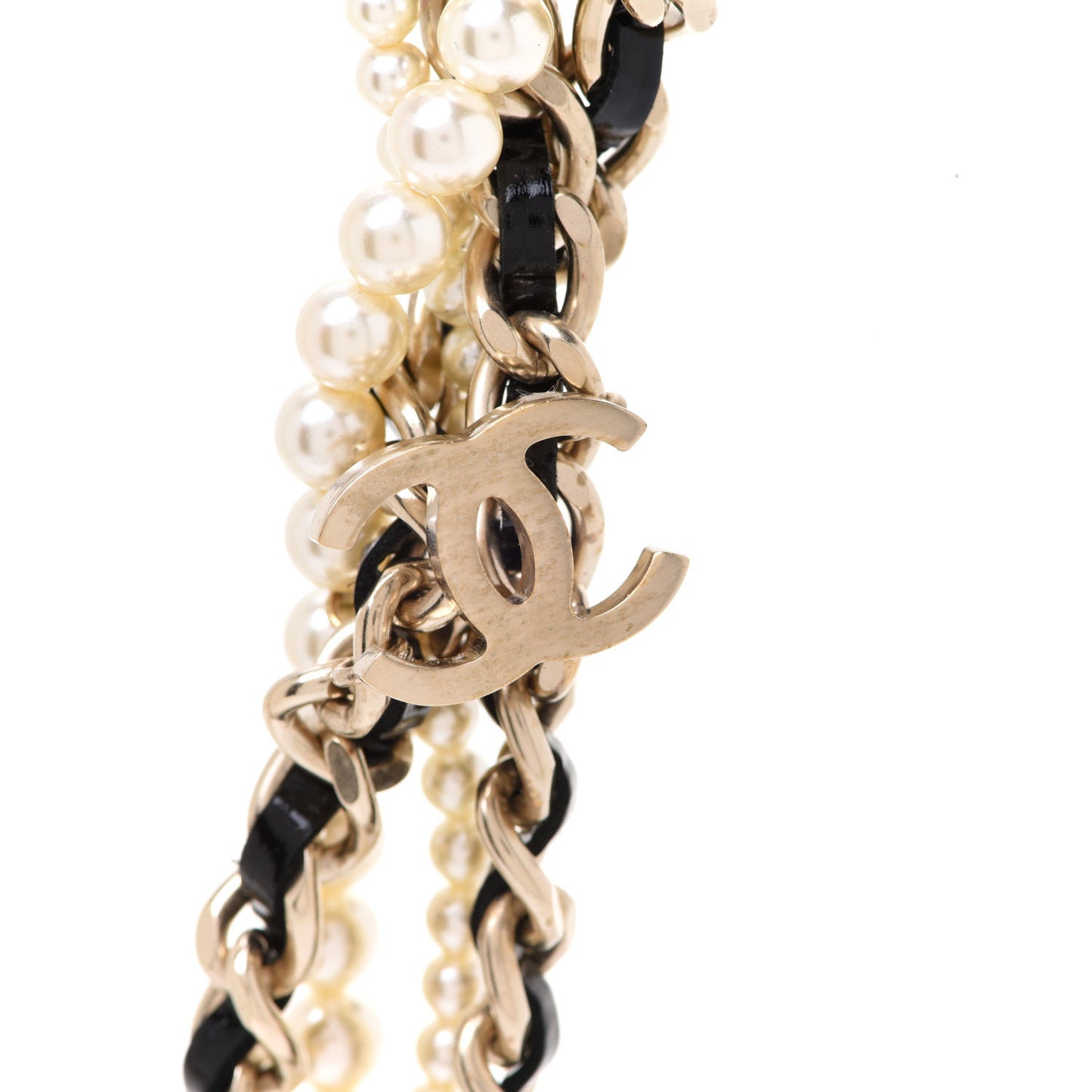 Glazed Calfskin Pearl CC Chain Necklace Black Gold