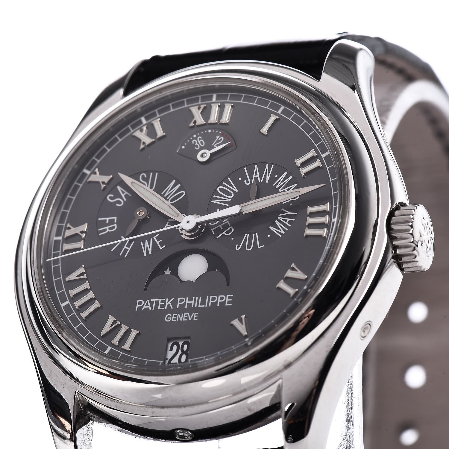 Patek Philippe Platinum Alligator 37mm Annual Calendar Moonphase Automatic Watch Black 5056P-001 10 of 12