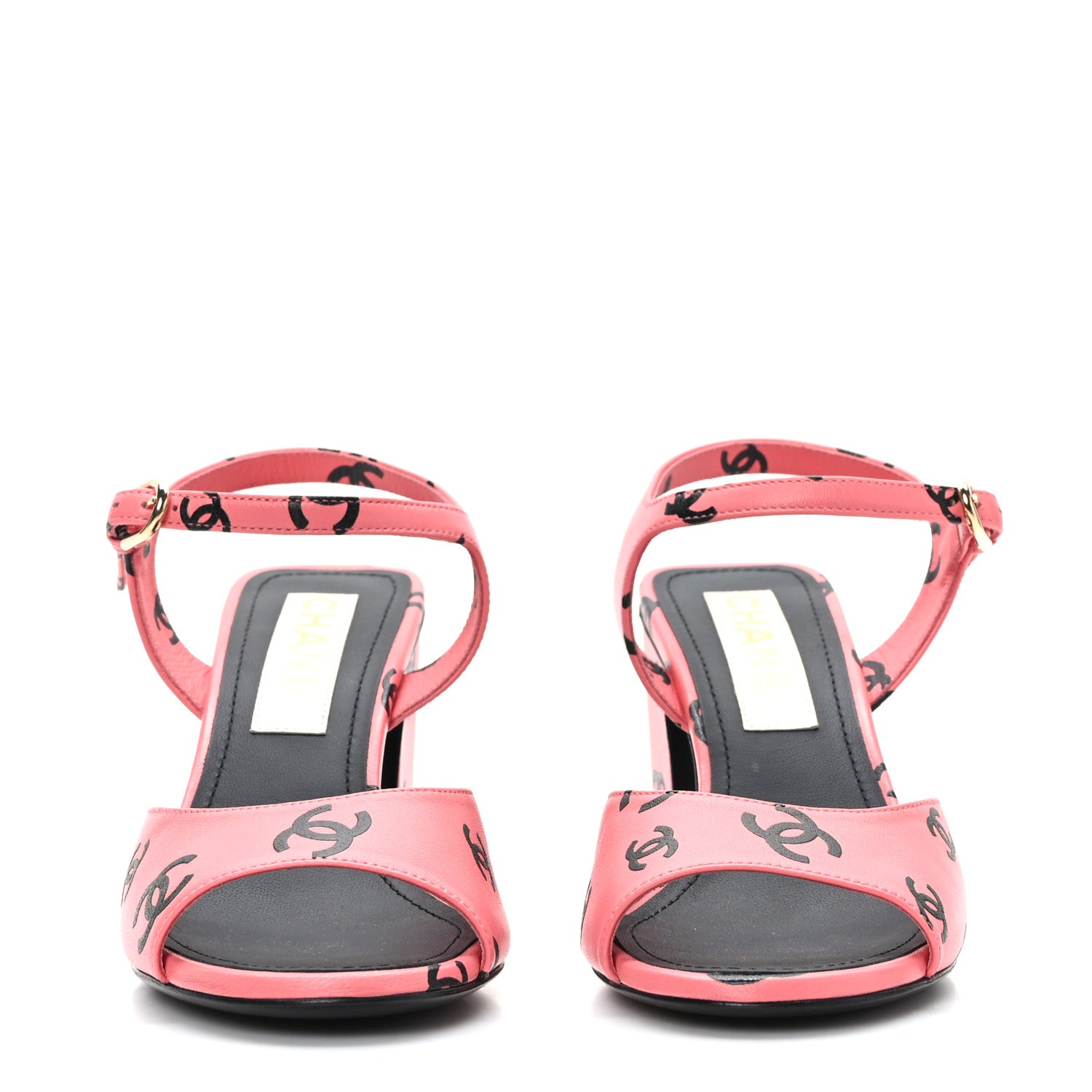Chanel Printed Lambskin CC Sandals 36.5 Pink Black 2 of 8