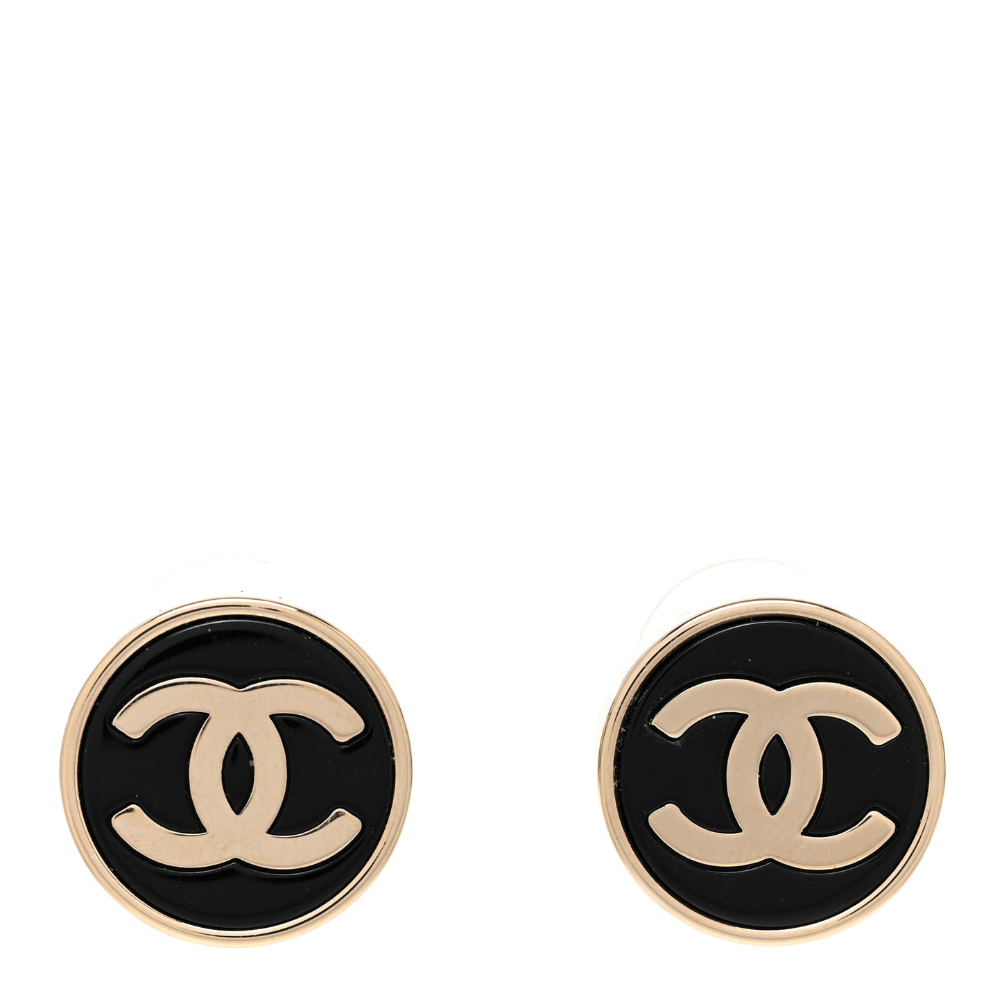 Metal Enamel CC Round Earrings Gold Black