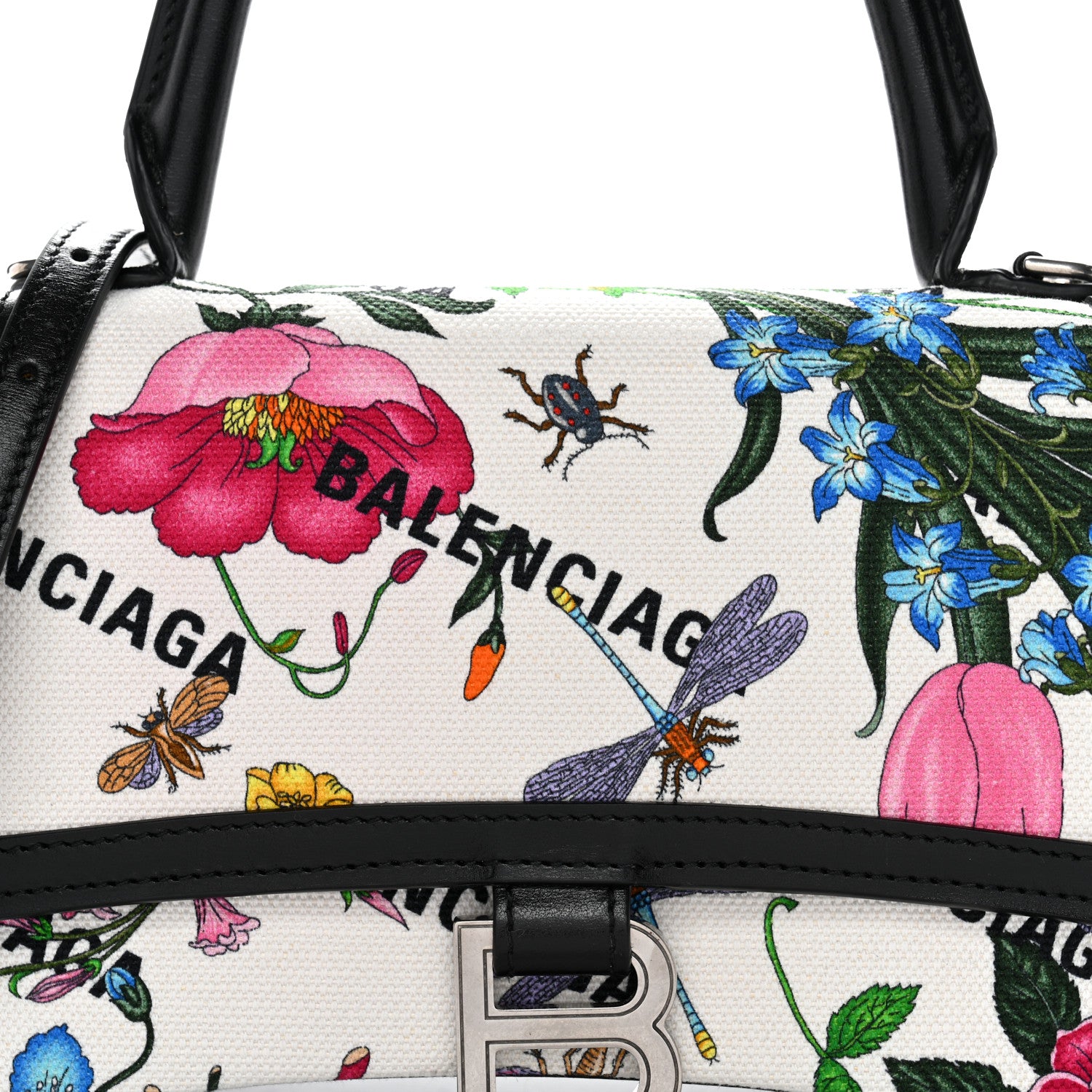 Balenciaga X GUCCI Canvas Boarded Plutone Calfskin Flora Logo Print Small Hourglass Top Handle Bag White Multicolor Black 7 of 10