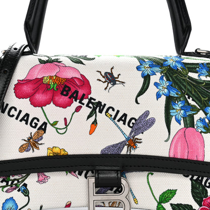 Balenciaga X GUCCI Canvas Boarded Plutone Calfskin Flora Logo Print Small Hourglass Top Handle Bag White Multicolor Black 7 of 10