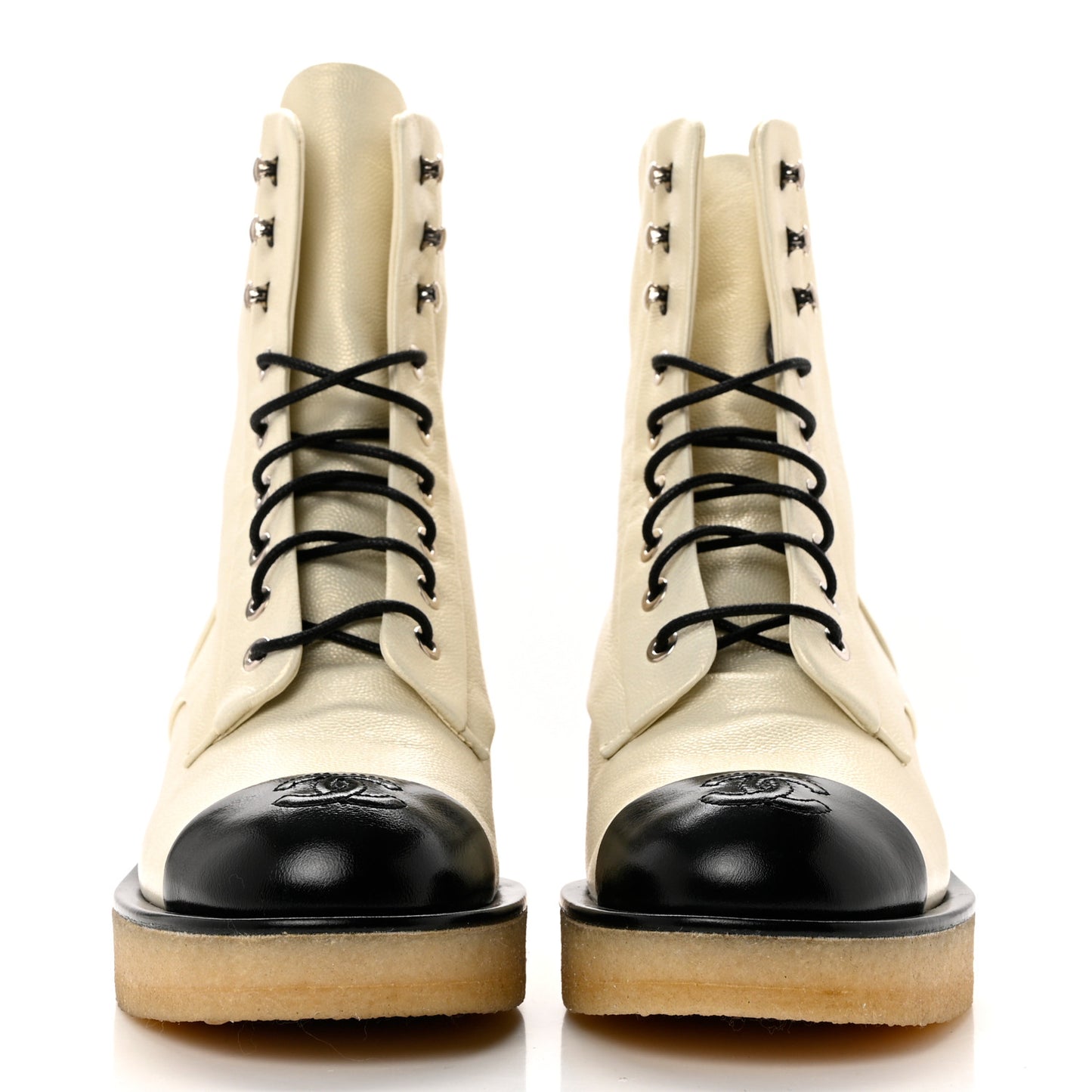 Pearlized Grained Calfskin Cap Toe Combat Boots 37 Ivory Black