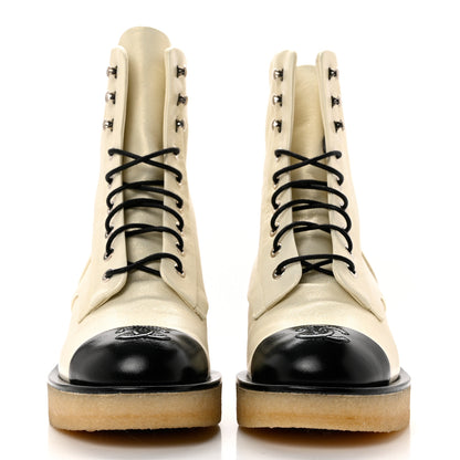Chanel Pearlized Grained Calfskin Cap Toe Combat Boots 37 Ivory Black 2 of 7