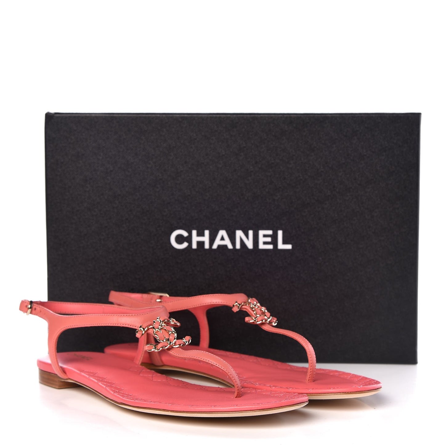 Lambskin Chain CC Logo Thong Sandals 40 Pink