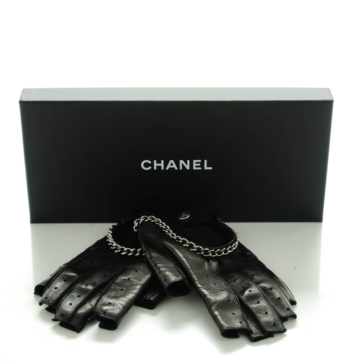 Chanel Lambskin Perforated Fingerless Chain CC Gloves 7.5 Black 7 of 7