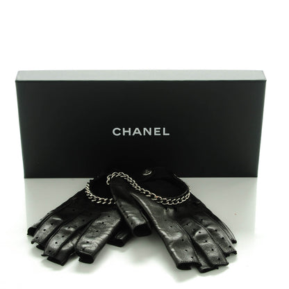 Chanel Lambskin Perforated Fingerless Chain CC Gloves 7.5 Black 7 of 7