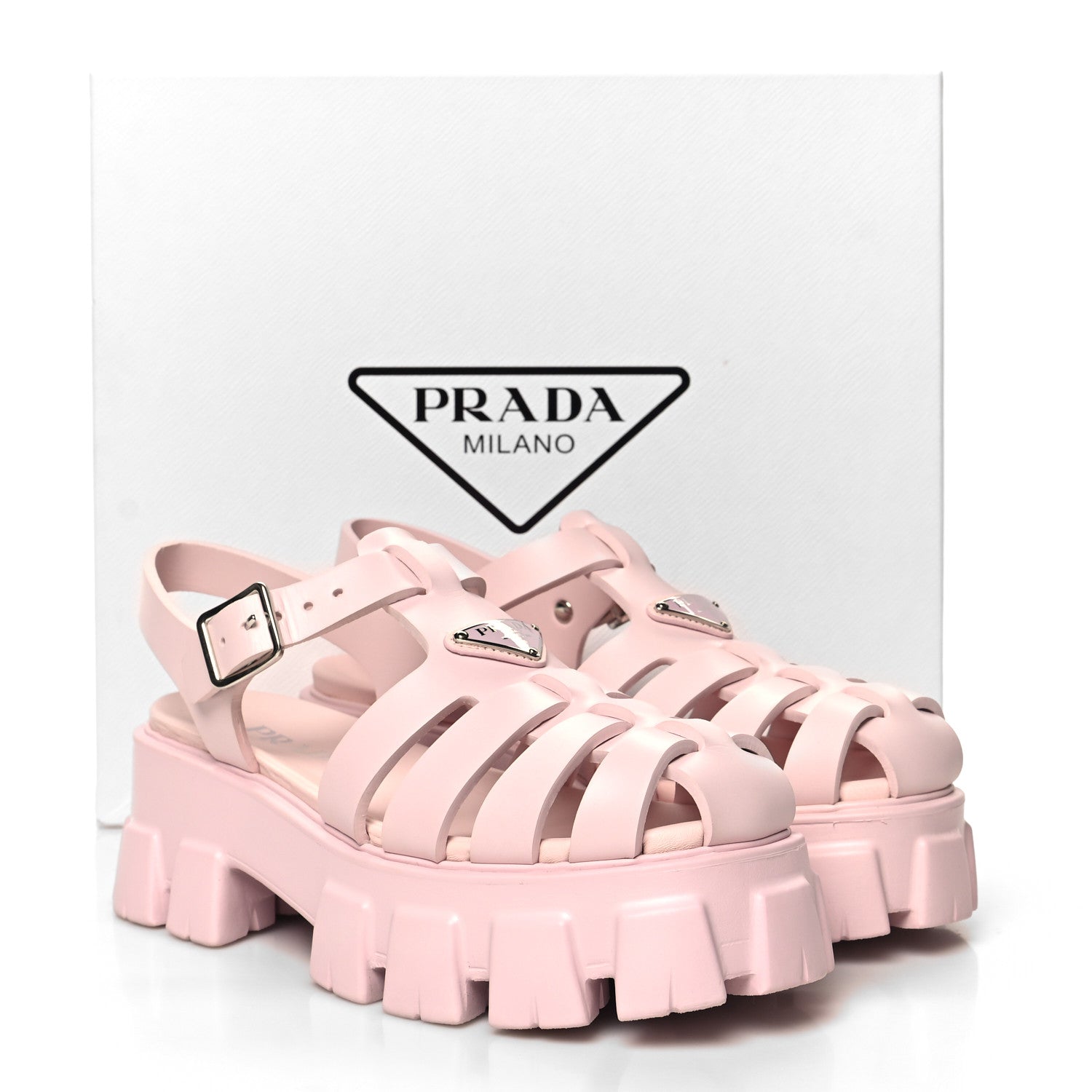 Prada Foam Rubber Metal Triangle Logo Monolith 55mm Cage Sandals 40 Alabastro 9 of 9