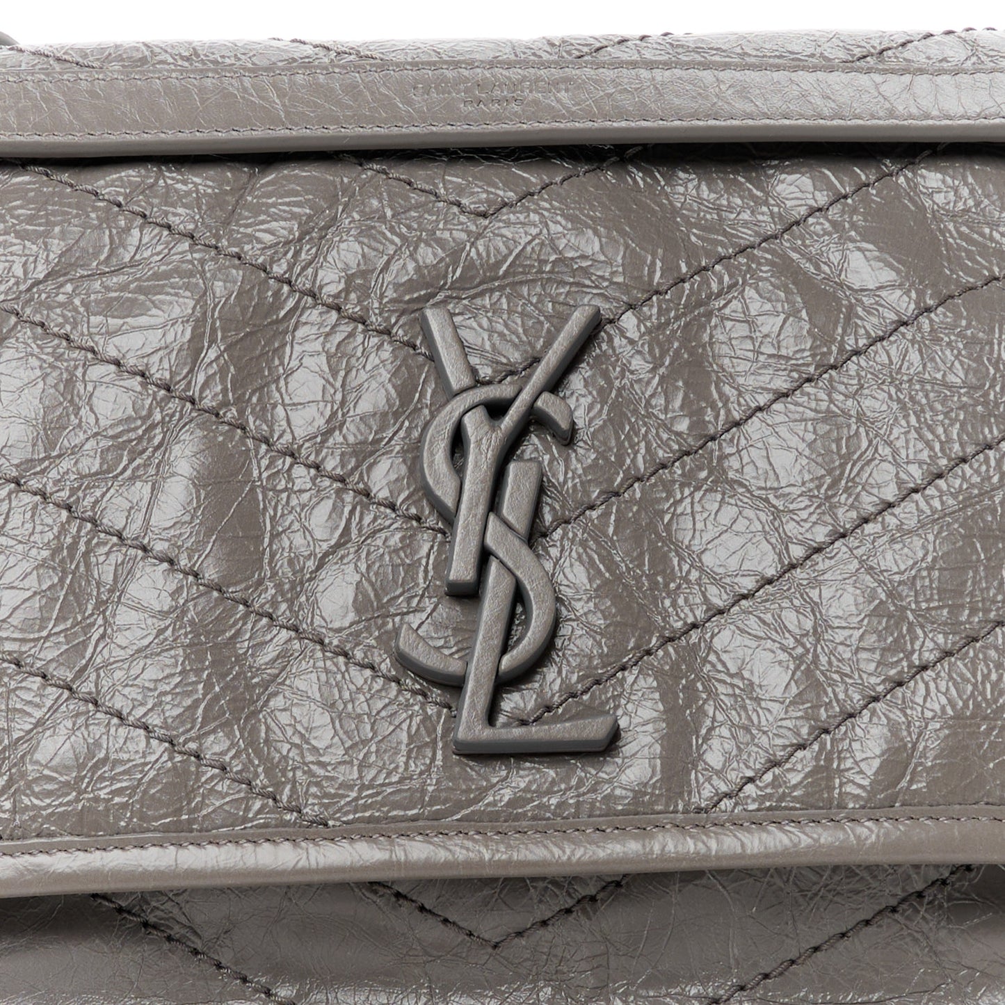 SAINT LAURENT Crinkled Calfskin Matelasse Monogram Medium Niki Chain Satchel Fog