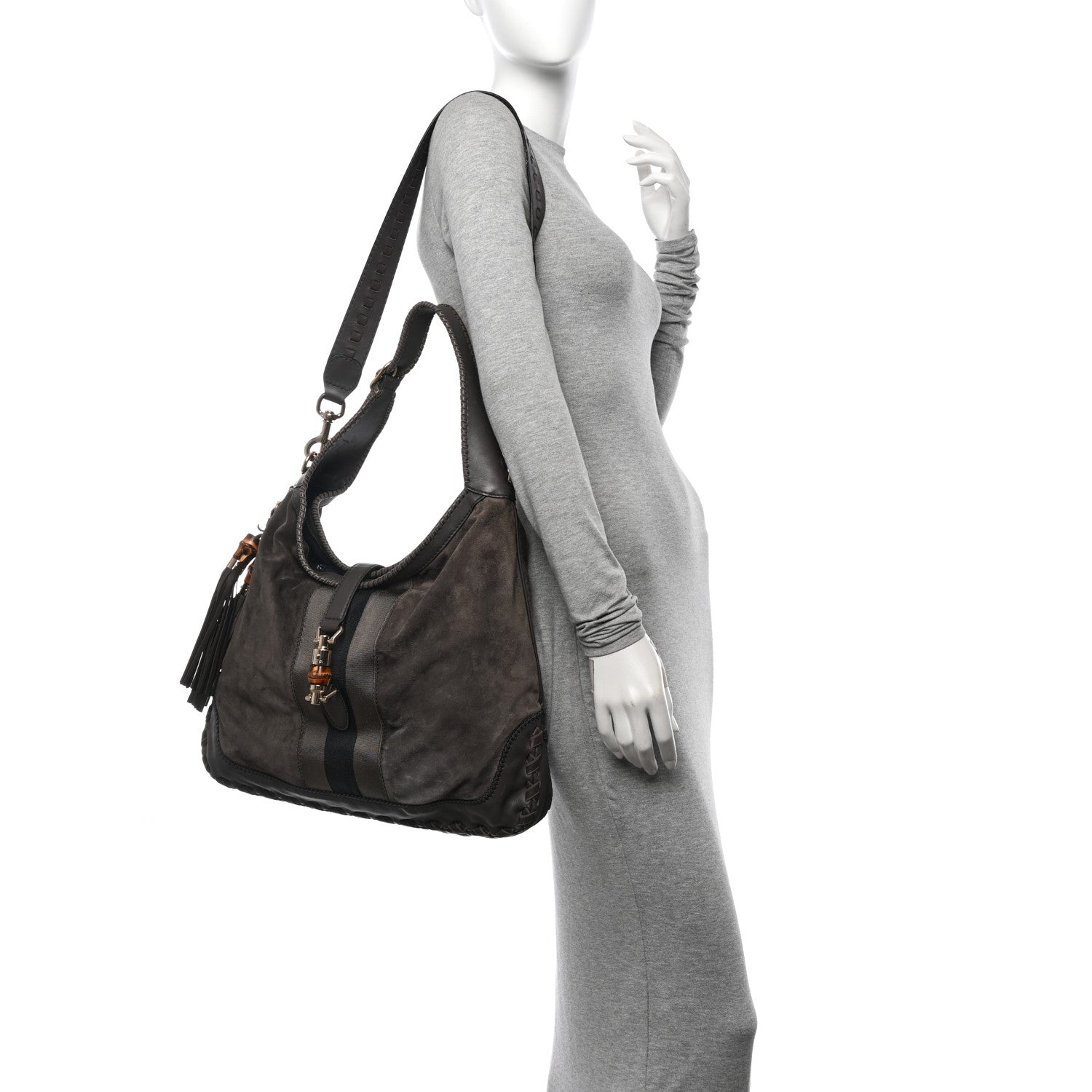 Gucci Calfskin Suede Large New Jackie Web Shoulder Bag Grey 2 of 12
