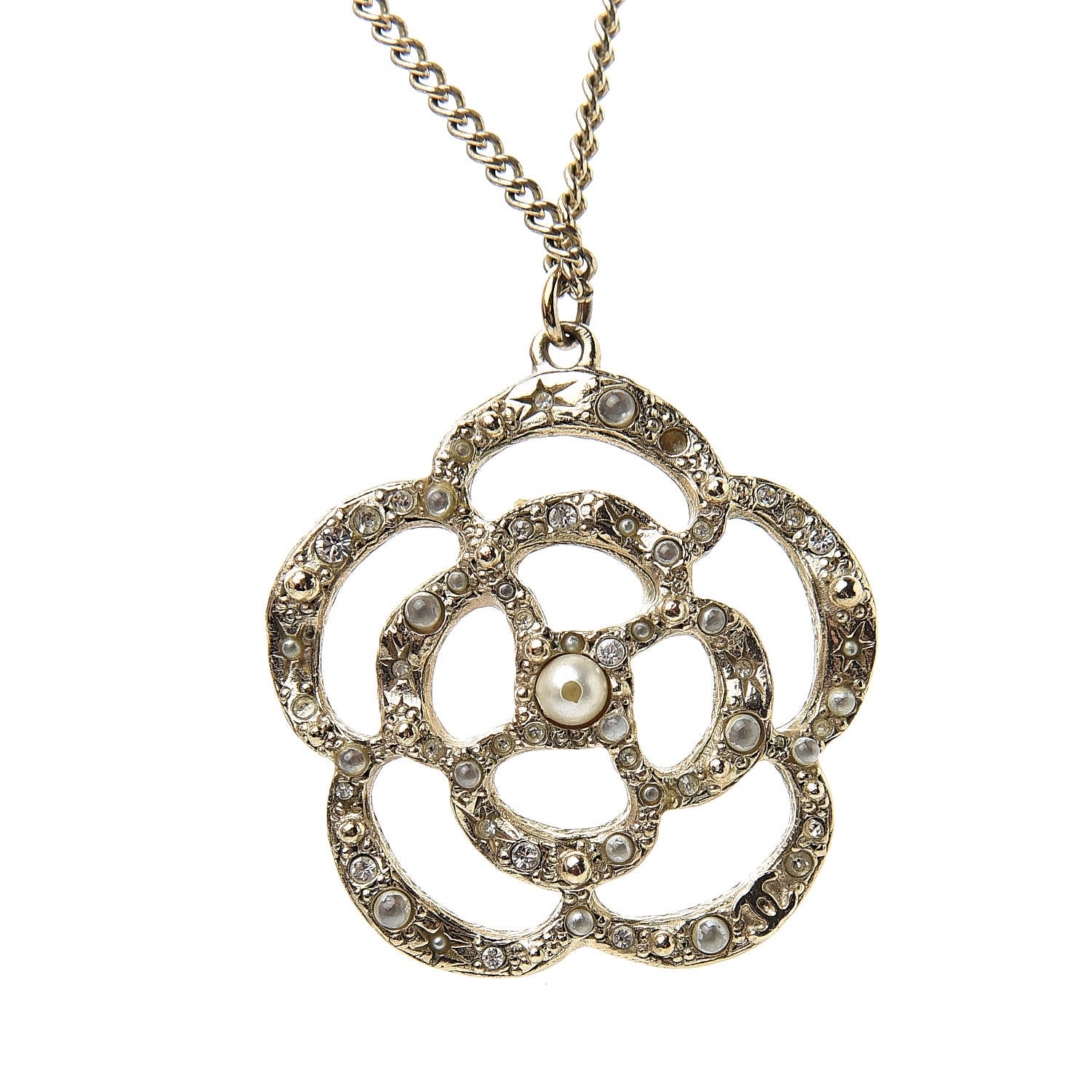 Chanel Crystal Pearl Camellia Necklace Gold 6 of 6
