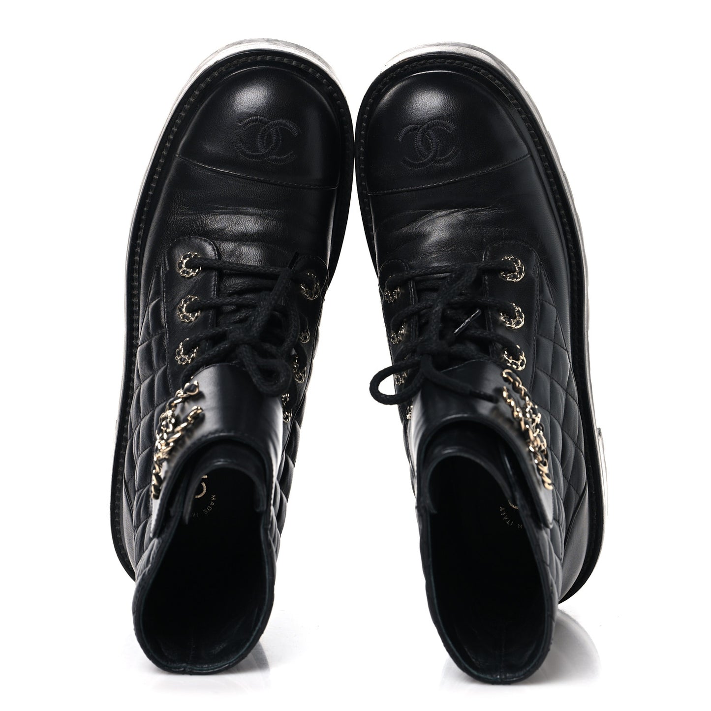 Shiny Lambskin Quilted Lace Up Combat Boots 39 Black