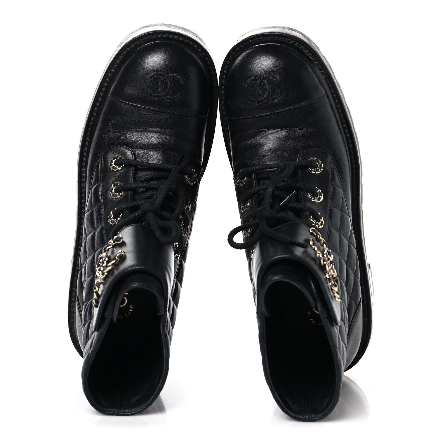 Chanel Shiny Lambskin Quilted Lace Up Combat Boots 39 Black 2 of 9