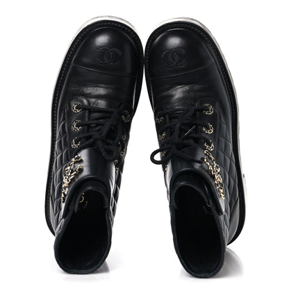 Chanel Shiny Lambskin Quilted Lace Up Combat Boots 39 Black 2 of 9