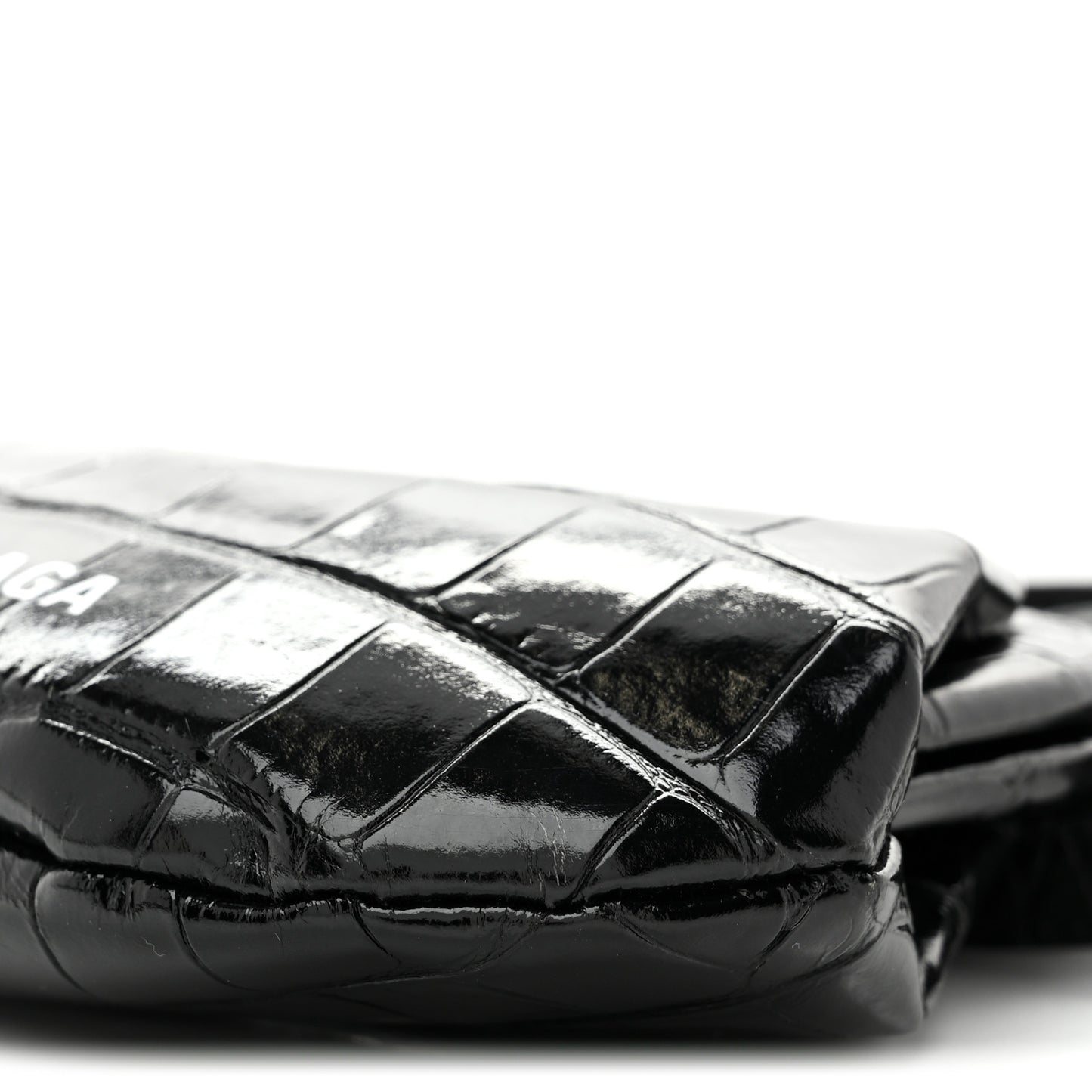 Shiny Supple Calfskin Logo Crocodile Embossed Cloud Coin Purse With Strap Black White