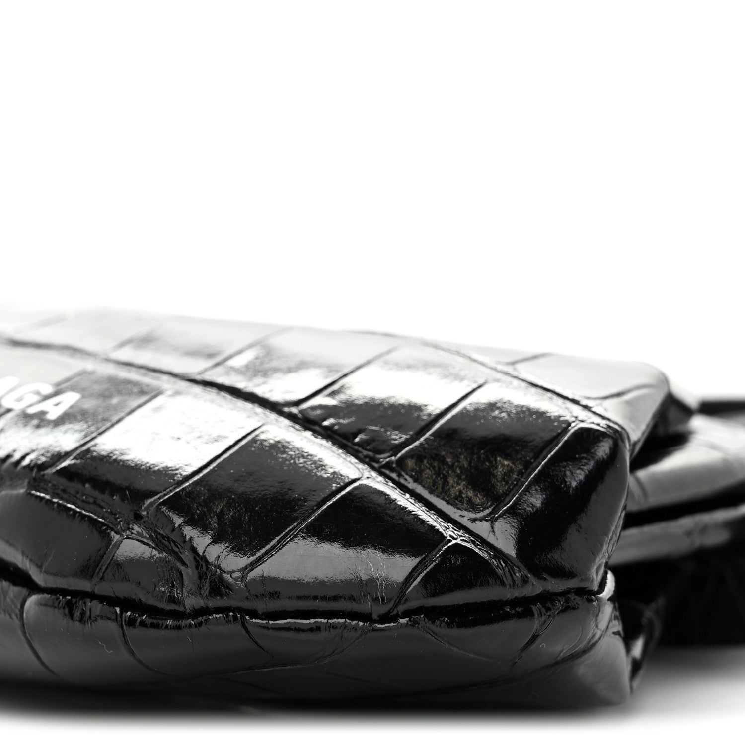 Balenciaga Shiny Supple Calfskin Logo Crocodile Embossed Cloud Coin Purse With Strap Black White 10 of 10