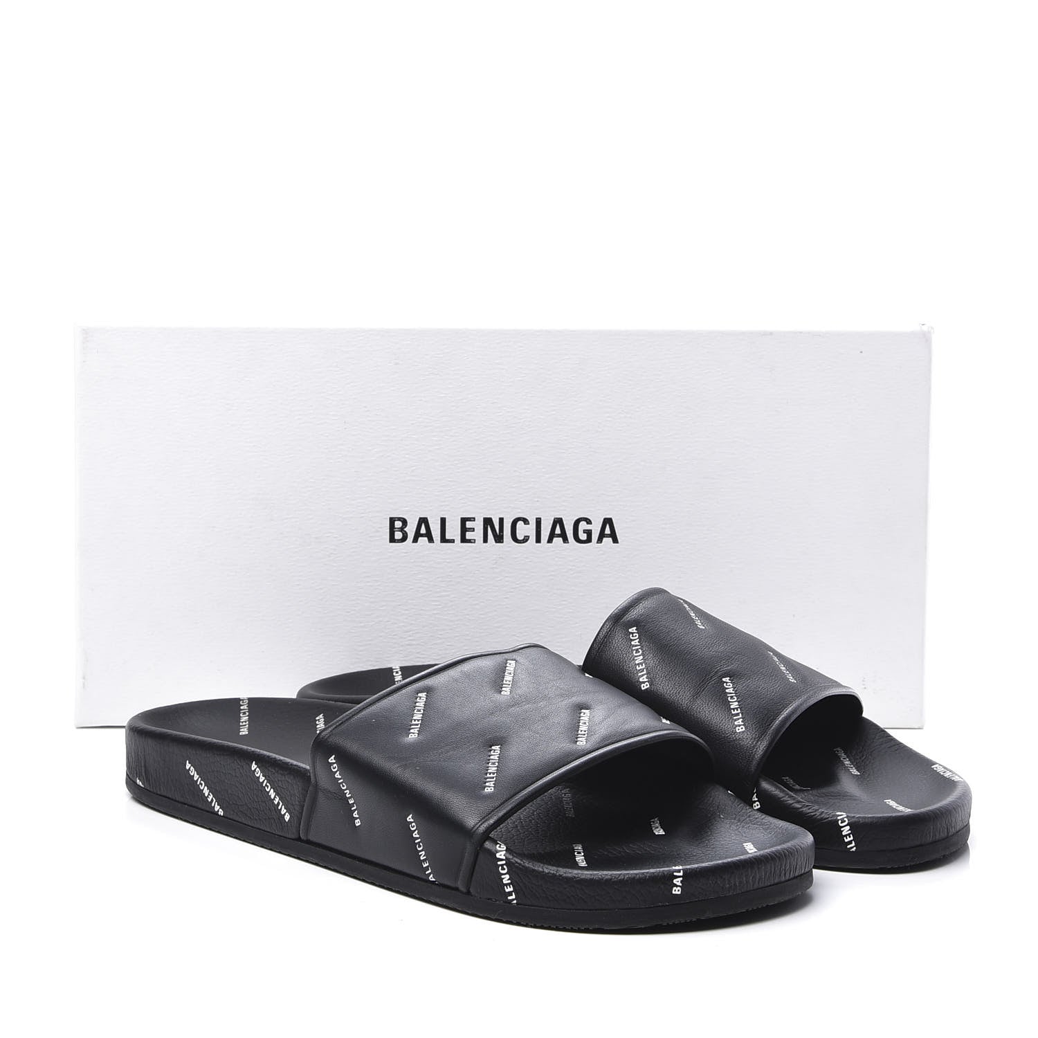 Balenciaga Nappa Allover Logo Embossed Womens Pool Slide Sandals 41 Black White 11 of 11