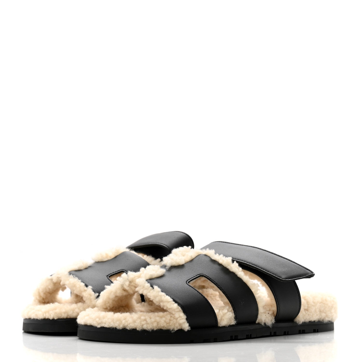 Hermes Calfskin Woolskin Chypre Sandals 37 Black Ecru 5 of 11