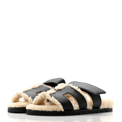 Hermes Calfskin Woolskin Chypre Sandals 37 Black Ecru 5 of 11