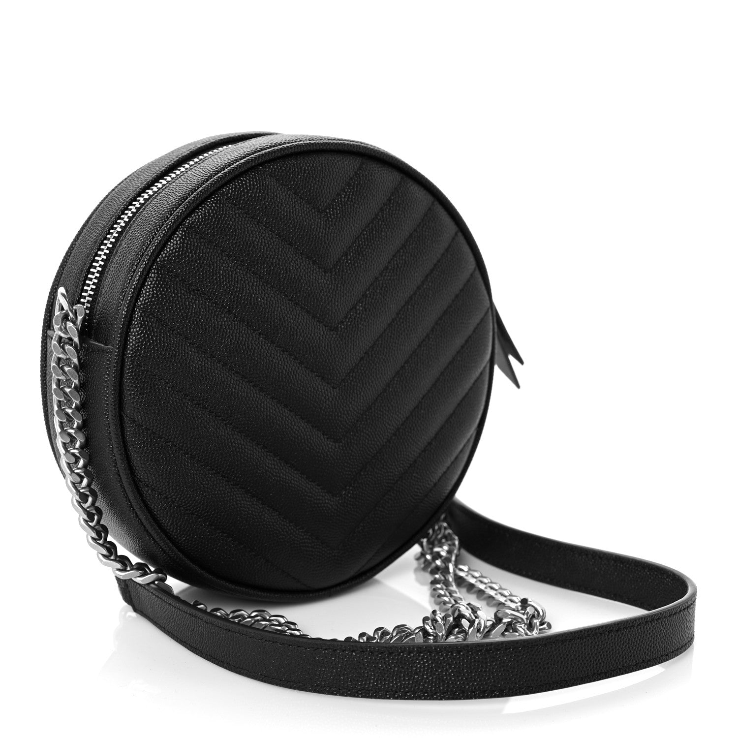 Saint Laurent Grain De Poudre Matelasse Chevron Quilted Round Vinyle Camera Bag Deep Marine 3 of 9