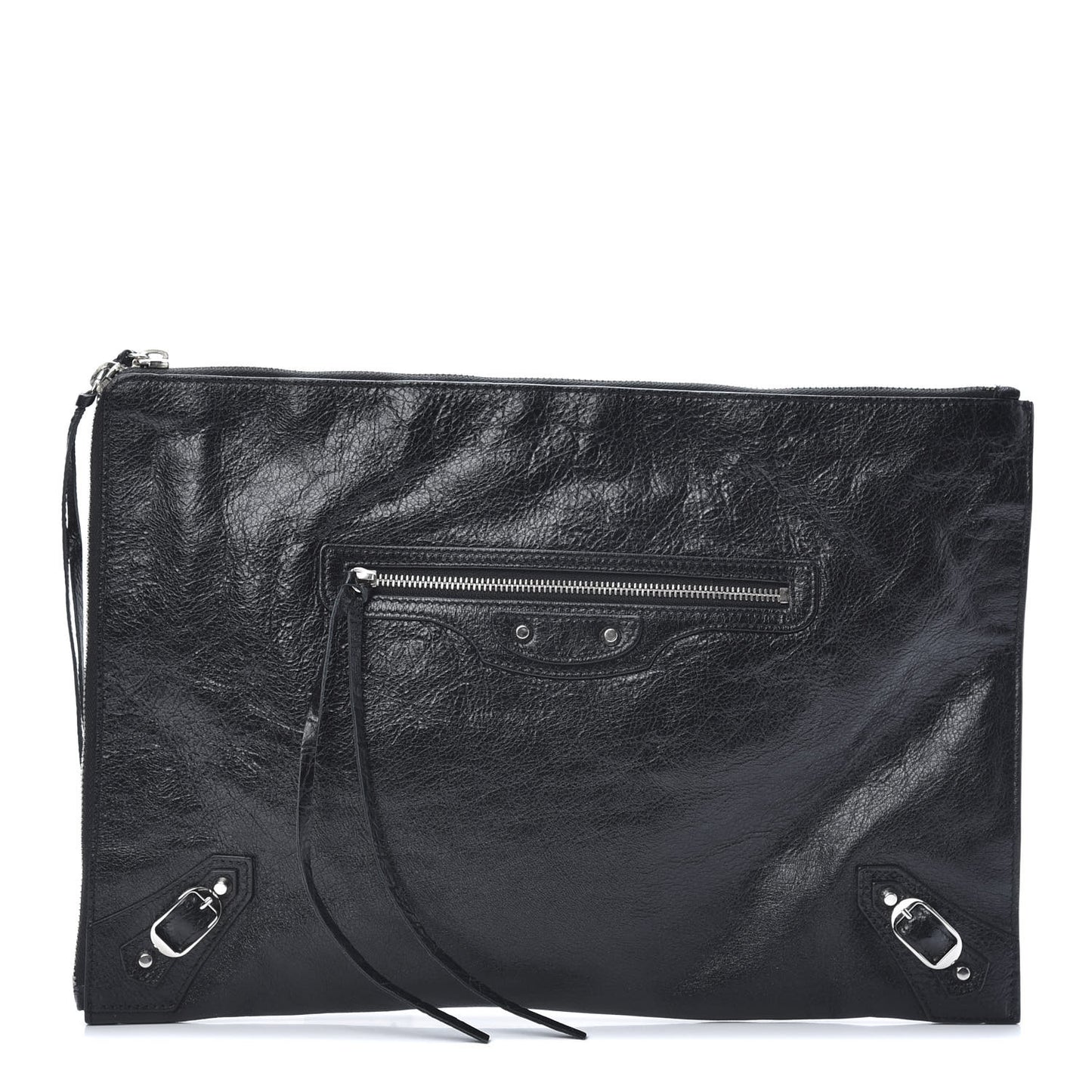 Agneau Classic Silver Hardware Pouch Clutch Black