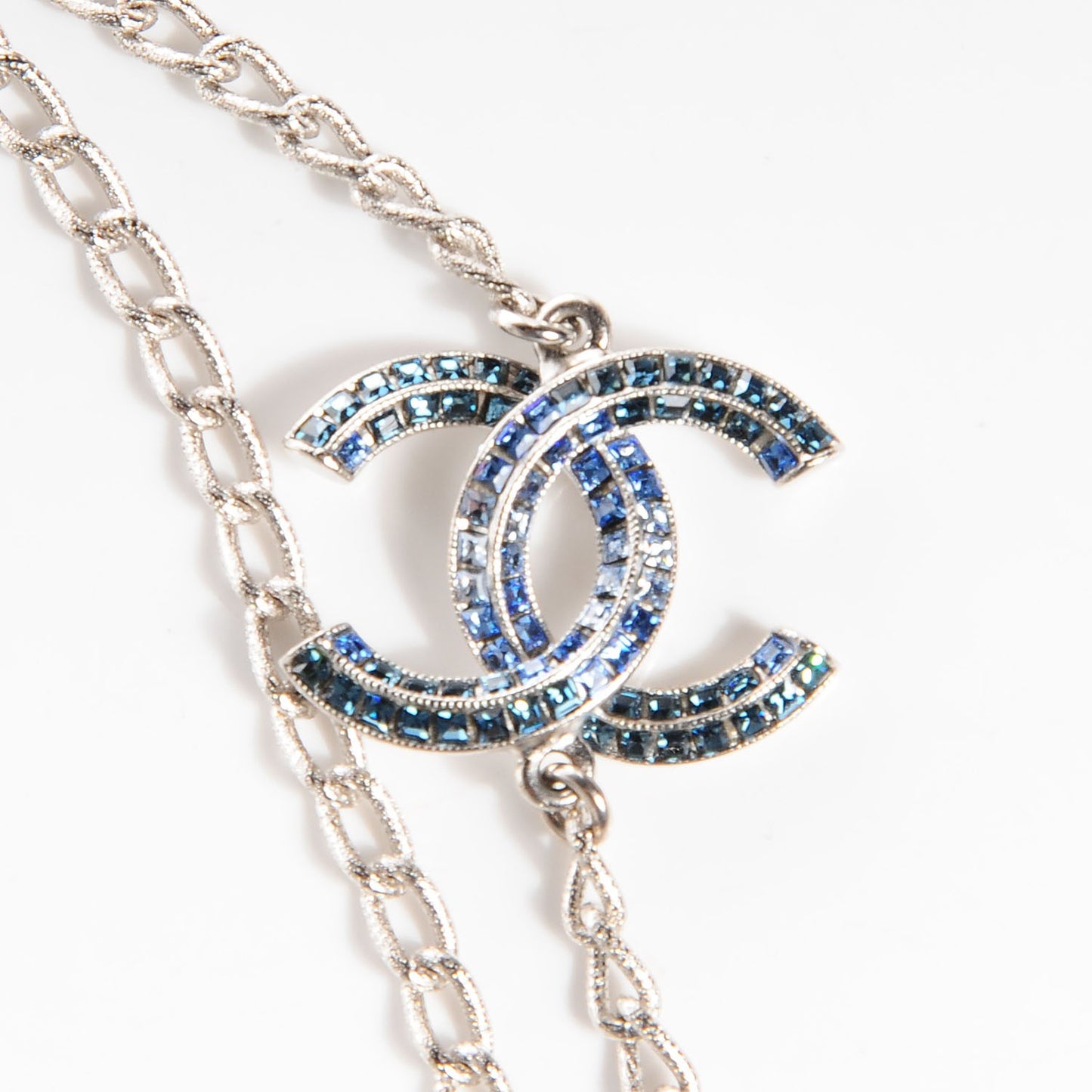 Crystal Baguette CC Double Strand Necklace Silver Blue