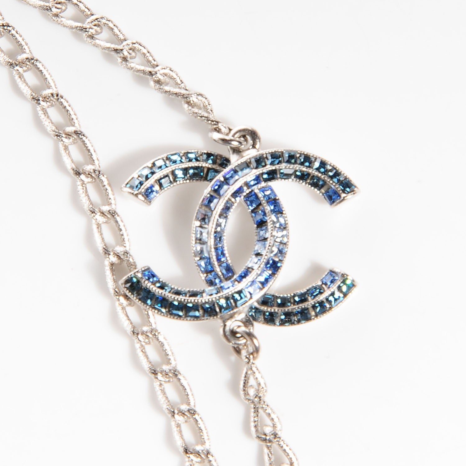 Chanel Crystal Baguette CC Double Strand Necklace Silver Blue 3 of 8