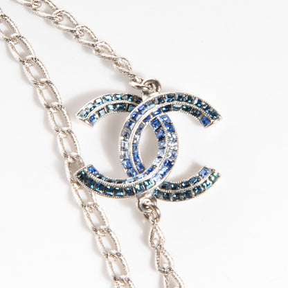 Chanel Crystal Baguette CC Double Strand Necklace Silver Blue 3 of 8