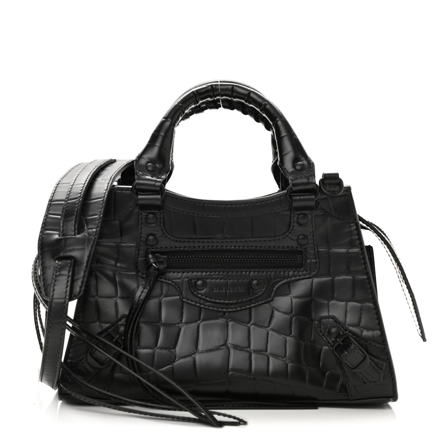 Semi Shiny Calfskin Crocodile Embossed Neo Classic Black Hardware Mini City Black