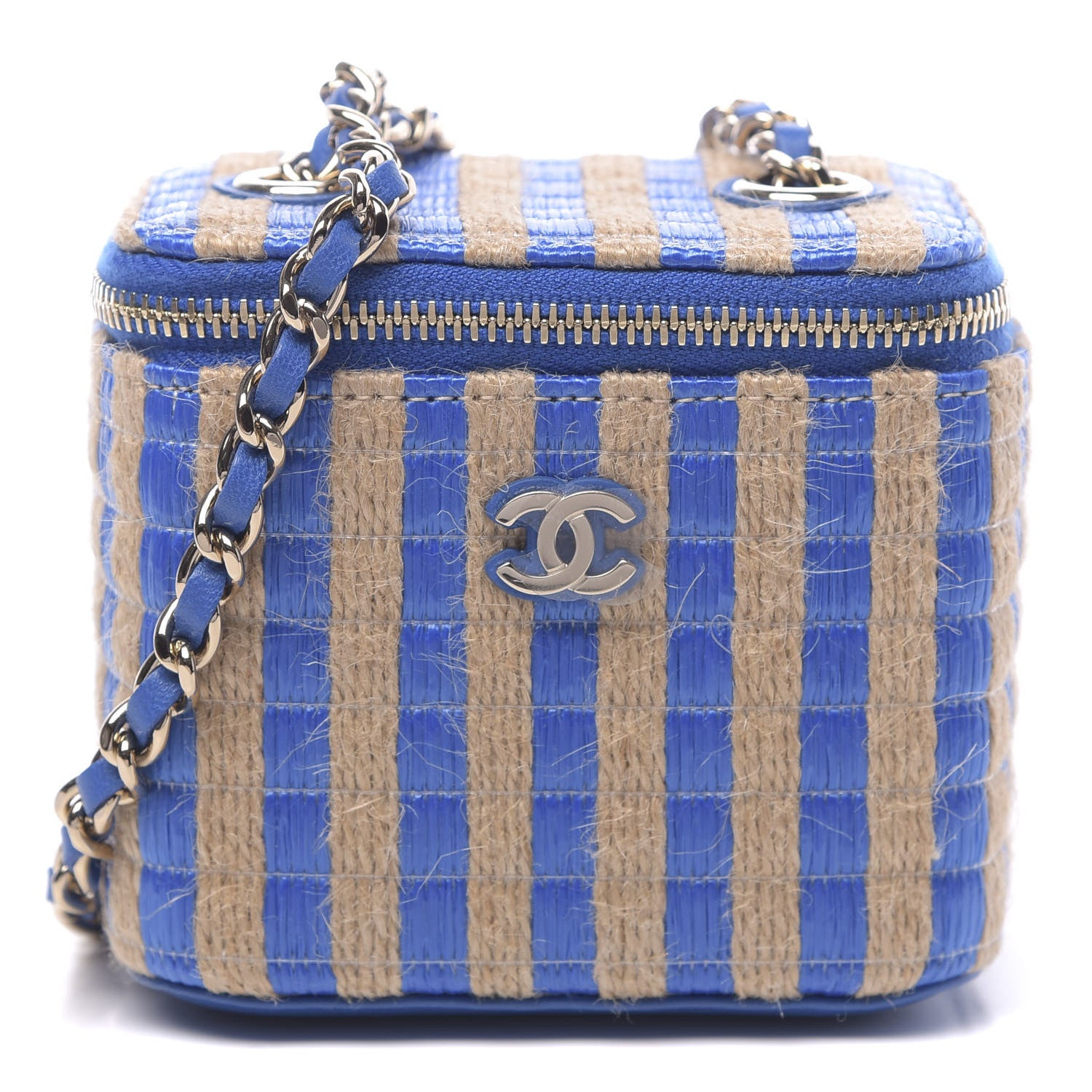 Chanel Raffia Jute Striped Mini Vanity Case With Chain Blue Beige 1 of 11