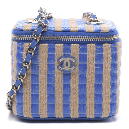Chanel Raffia Jute Striped Mini Vanity Case With Chain Blue Beige 1 of 11