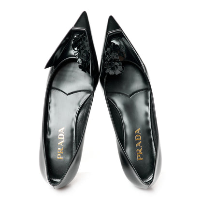 Prada Spazzolato Floral Applique Ballerina Flats 37 Black 5 of 8