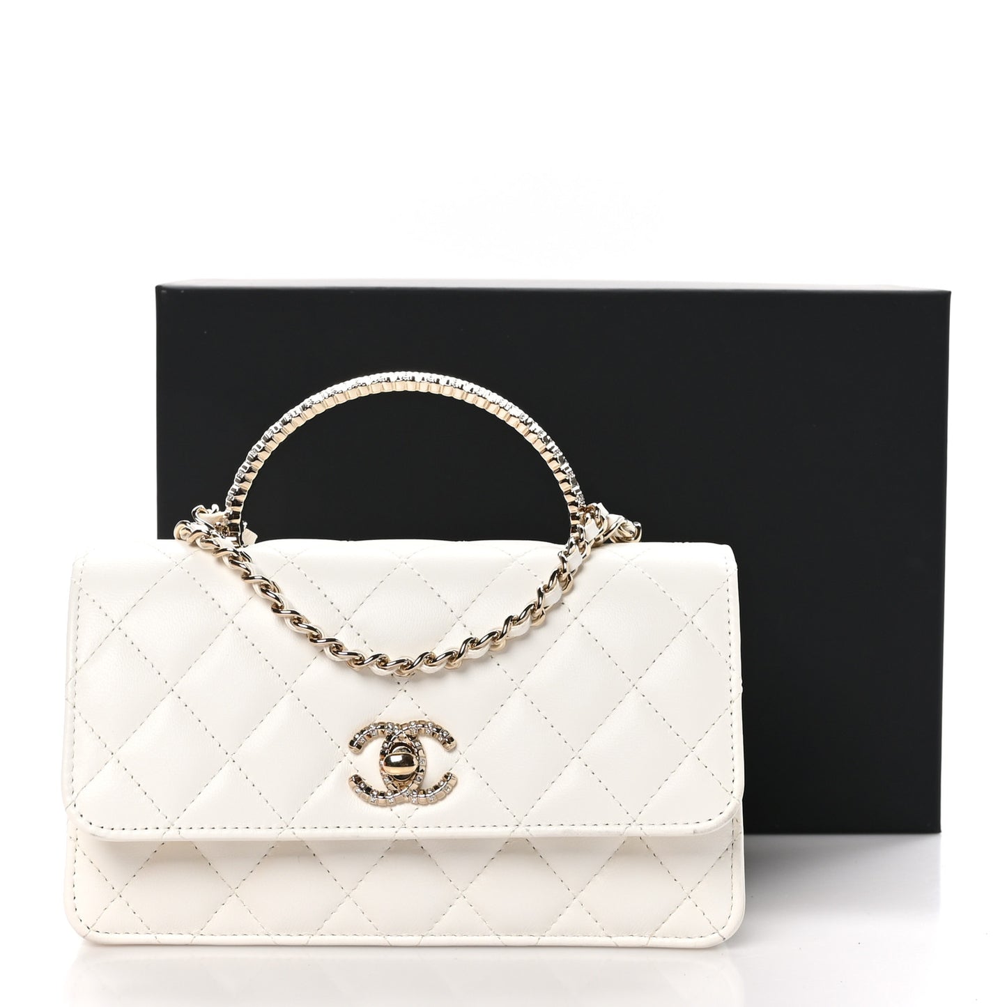 Lambskin Quilted Crystal Top Handle Rectangular Flap White