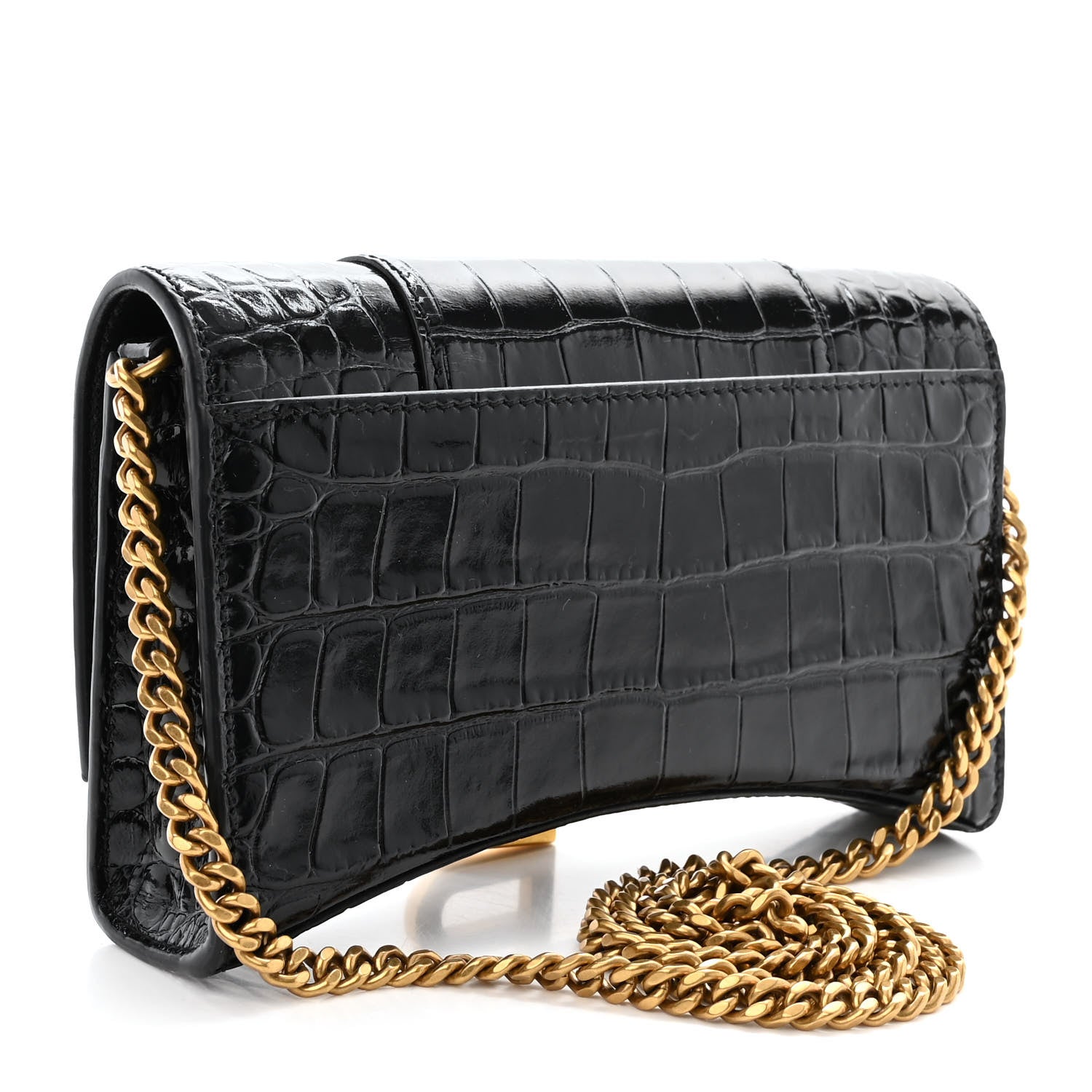 Balenciaga Shiny Calfskin Crocodile Embossed Hourglass Chain Bag Black 3 of 9