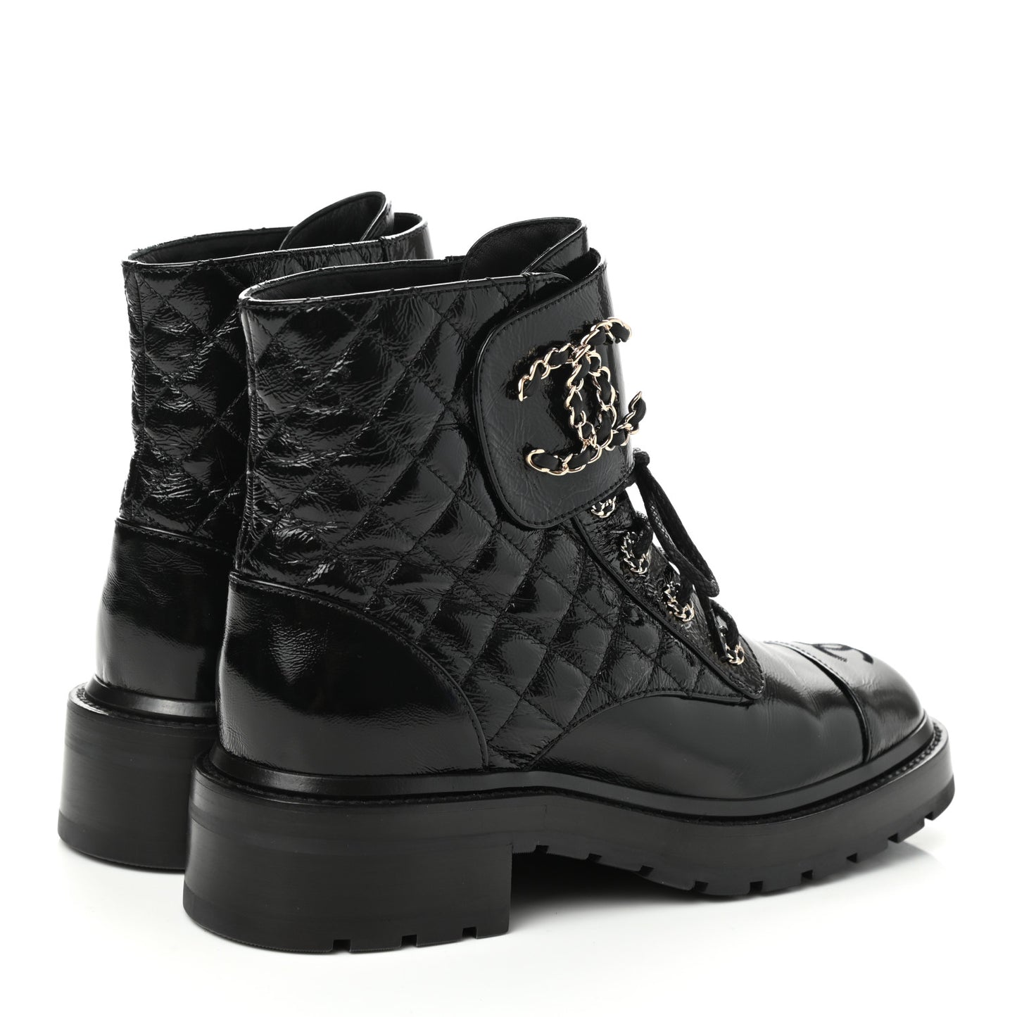 Shiny Lambskin Quilted Lace Up Combat Boots 39 Black